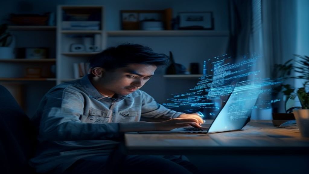 Ilustrasi file digital yang dapat diunduh dengan cepat, menampilkan ikon download dan perangkat seluler